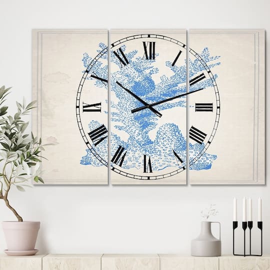 Designart Nautical & Coastal Blue Coral 3 Panel Large Wall Clock